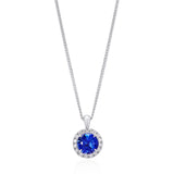 18ct White Gold Four Claw Set Round Cut Sapphire and Round Brilliant Cut Diamond Halo Cluster Pendant and Chain