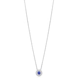 18ct White Gold Four Claw Set Round Cut Natural Sapphire and Round Brilliant Cut and Diamond Halo Cluster Pendant and Chain