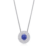 18ct White Gold Four Claw Set Round Cut Natural Sapphire and Round Brilliant Cut and Diamond Halo Cluster Pendant and Chain