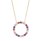 18ct Yellow Gold Round Cut Multicoloured Sapphire and Round Brilliant Cut Circular Pendant and Chain