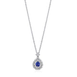 18ct White Gold Three Claw Set Pear Shaped Sapphire and Round Brilliant Cut Diamond Double Halo Cluster Pendant and Chain