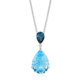 18ct White Gold Three Claw Set Pear Shaped Blue Topaz and Pear Cut London Blue Topaz Drop Pendant and Chain