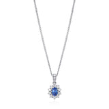 18ct White Gold Oval Cut Sapphire and Round Brilliant Cut Diamond Cluster Pendant and Chain