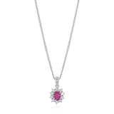 18ct White Gold Oval Cut Ruby and Round Brilliant Cut Diamond Cluster Pendant and Chain