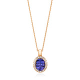 18ct Rose Gold Four Claw Set Oval Cut Tanzanite and Round Brilliant Cut Diamond Halo Cluster Pendant and Chain