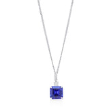 18ct White Gold Four Claw Set Princess Cut Tanzanite and Round Brilliant Cut Diamond Drop Pendant and Chain