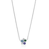 18ct White Gold Rub Set Round Cut Mixed Gemstone and Round Brilliant Cut Diamond Cluster Pendant and Chain