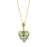 18ct Yellow Gold Rub Set Pear Shaped Peridot and Mixed Stone Cut Blue Topaz and Pink Sapphire Pendant and Chain