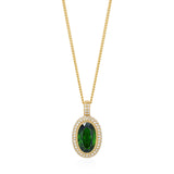 18ct Yellow Gold Rub Set Oval Cut Green Tourmaline and Round Brilliant Cut Diamond Double Halo Cluster Pendant and Chain