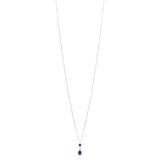 18ct White Gold Grain Set Oval Cut Sapphire and Round Brilliant Cut Diamond Halo Cluster Drop Pendant and Chain