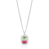 18ct White Gold Four Claw Set Emerald Cut Watermelon Tourmaline and Diamond Halo Cluster Necklace