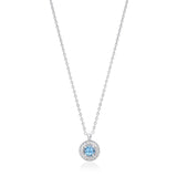 18ct White Gold Four Claw Set Round Cut Aquamarine and Round Brilliant Cut Diamond Halo Cluster Pendant and Chain