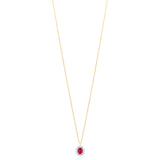 18ct White and Yellow Gold Four Claw Set Oval Cut Ruby and Round Brilliant Cut Diamond Cluster Pendant and Chain