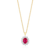 18ct White and Yellow Gold Four Claw Set Oval Cut Ruby and Round Brilliant Cut Diamond Cluster Pendant and Chain