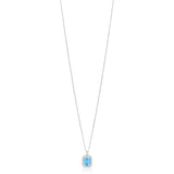 18ct White Gold Claw Set Emerald Cut Aquamarine and Round Brilliant Cut Diamond Halo Cluster Pendant and Chain