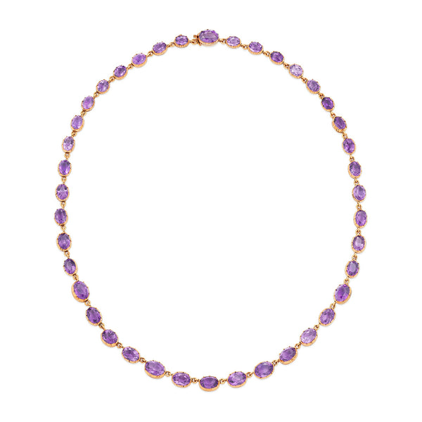 Antique Victorian Yellow Gold Cut Down Set Multi-Faceted Cut Amethyst Single Strand Necklace