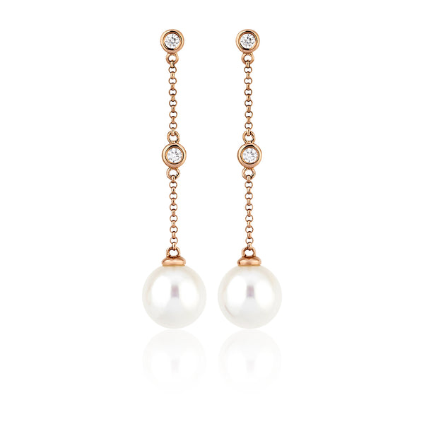 18ct Rose Gold Akoya Cultured Pearl and Round Brilliant Cut Diamond Drop Earrings