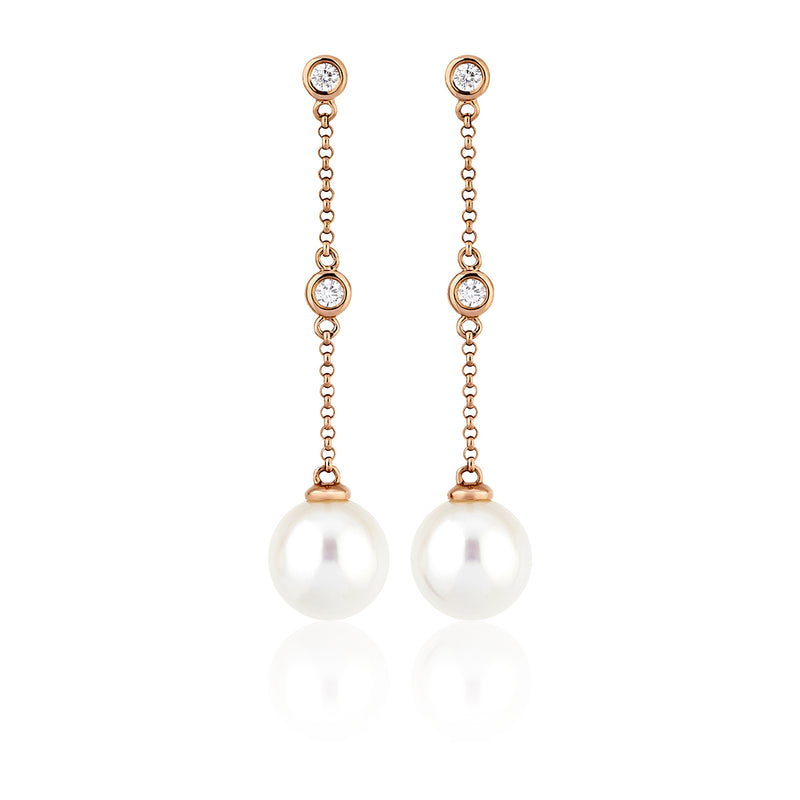 18ct Rose Gold Akoya Cultured Pearl and Round Brilliant Cut Diamond Drop Earrings