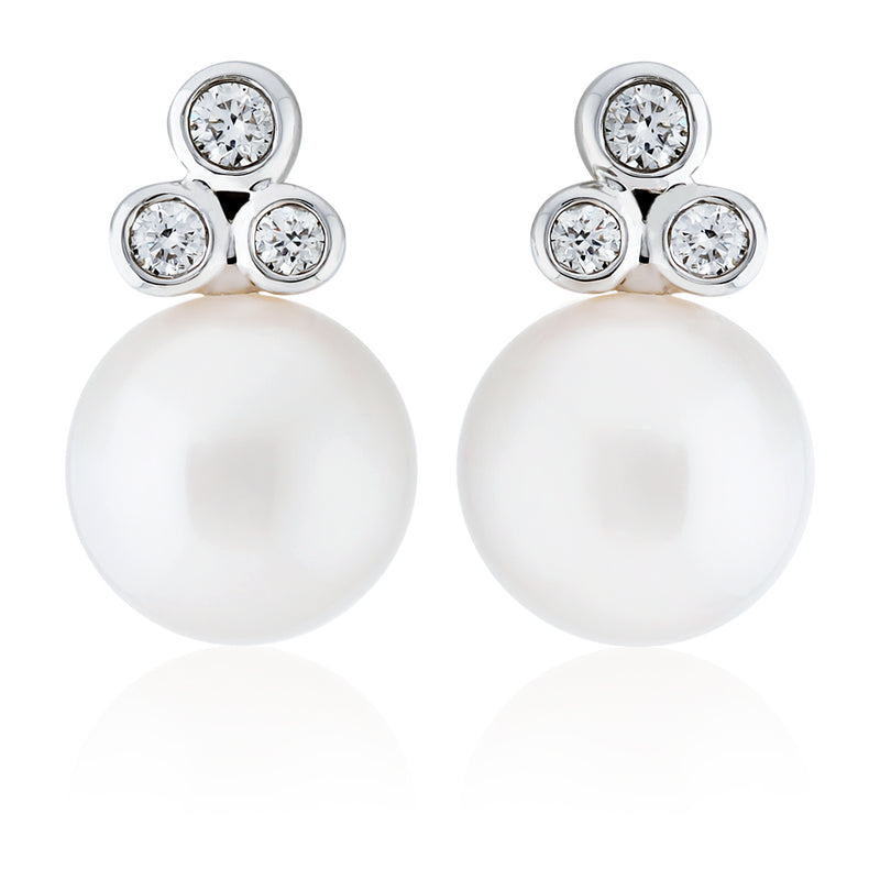 18ct White Gold Akoya Cultured Pearl and Round Brilliant Cut Diamond Earrings