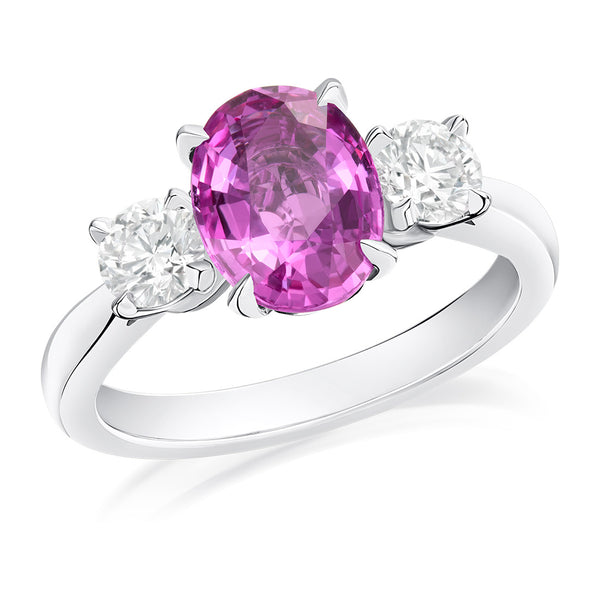 Mallory Mallory Victoria Platinum Three Stone Four Claw Set Oval Cut Pink Sapphire and Round Brilliant Cut Ring