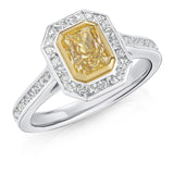 Platinum and 18ct Yellow Gold Halo Cluster Rub Set Radiant Cut Natural Fancy Yellow Diamond and French Cut Diamond Halo Cluster Ring