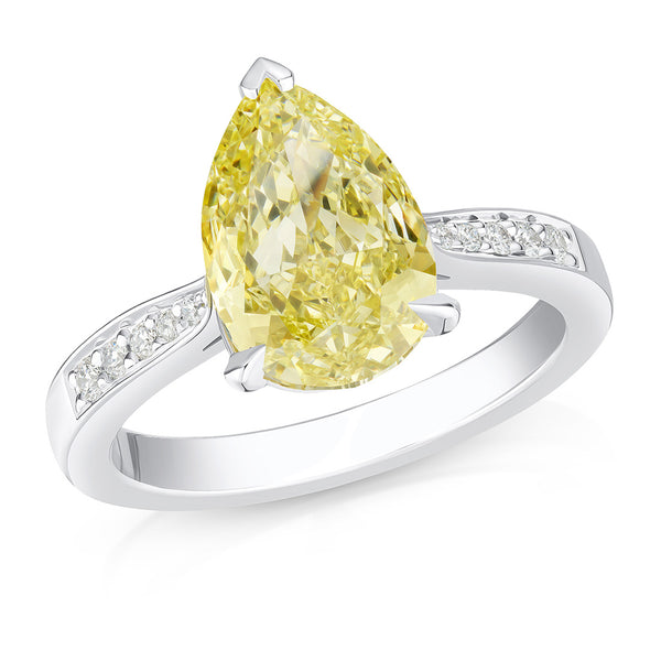 Platinum Solitaire Three Claw Set Pear Shaped Yellow Diamond Ring