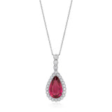 Platinum Three Claw Set Pear Shaped Rubellite Tourmaline and Round Brilliant Cut Diamond Drop Pendant and Chain