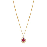 18ct Yellow Gold Three Claw Set Pear Shaped Ruby and Round Brilliant Cut Diamond Halo Cluster Pendant and Chain