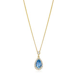 18ct Yellow Gold Three Claw Set Pear Shaped Aquamarine and Round Brilliant Cut Diamond Halo Cluster Pendant and Chain