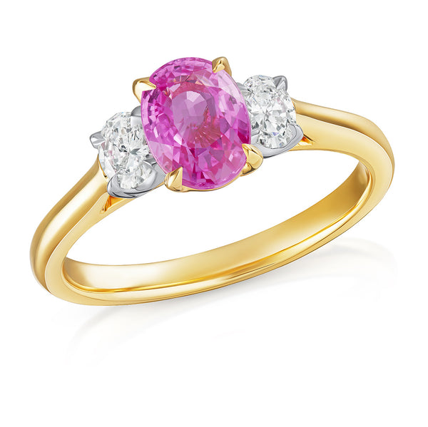 18ct Yellow Gold and Platinum Three Stone Four Claw Set Oval Cut Pink Sapphire and Oval Cut Diamond Ring