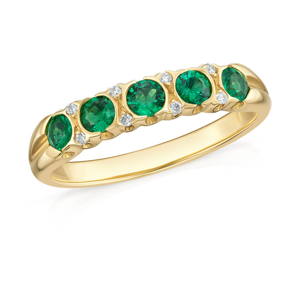 18ct Yellow Gold Semi-Rub Set Round Cut Emerald and Round Brilliant Cut Diamond Half Eternity Ring