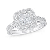 Platinum Milgrain Edge Rub Set Cushion Cut Diamond and Round Brilliant Cut Diamond Halo Cluster Ring