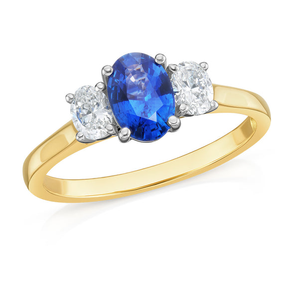 18ct Yellow Gold and Platinum Three Stone Four Claw Set Oval Cut Sapphire and Round Brilliant Cut Diamond Ring