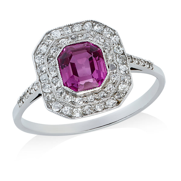 Antique Art Deco Platinum Solitaire Grain Set Octagonal Cut Pink Sapphire and Eight Cut and Diamond Cluster Ring