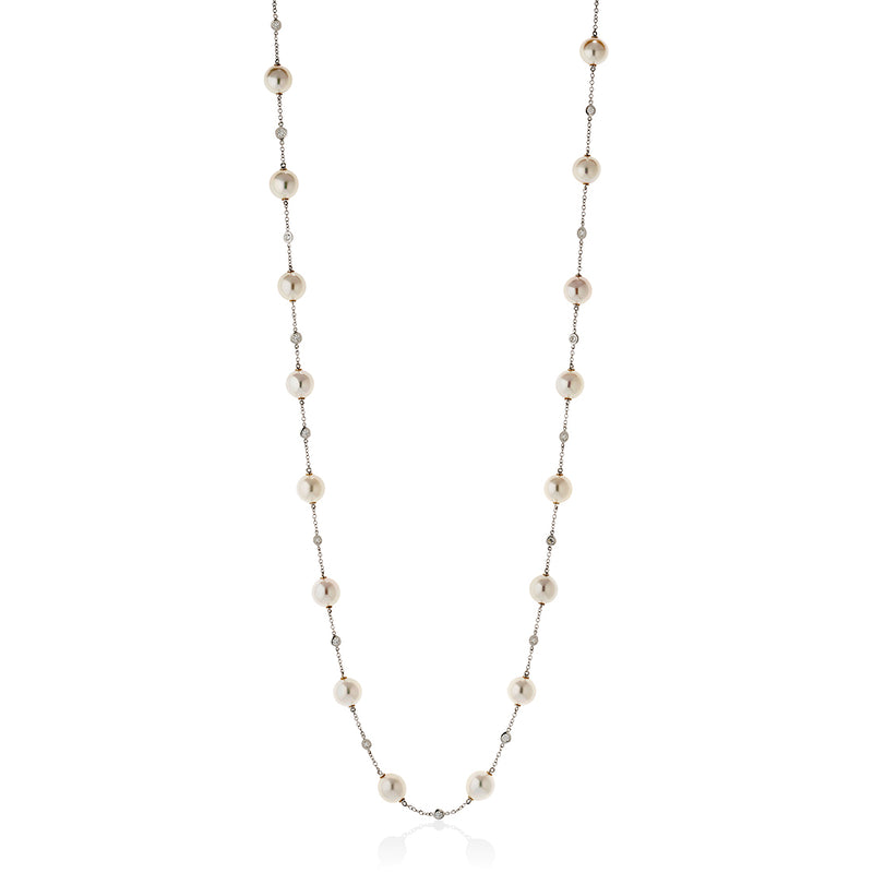 18ct White Gold Akoya Cultured Pearl and Diamond Chain Necklace