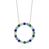 18ct White Gold Four Claw Set Round Cut Sapphire and Round Cut Tsavorite Circular Pendant and Chain