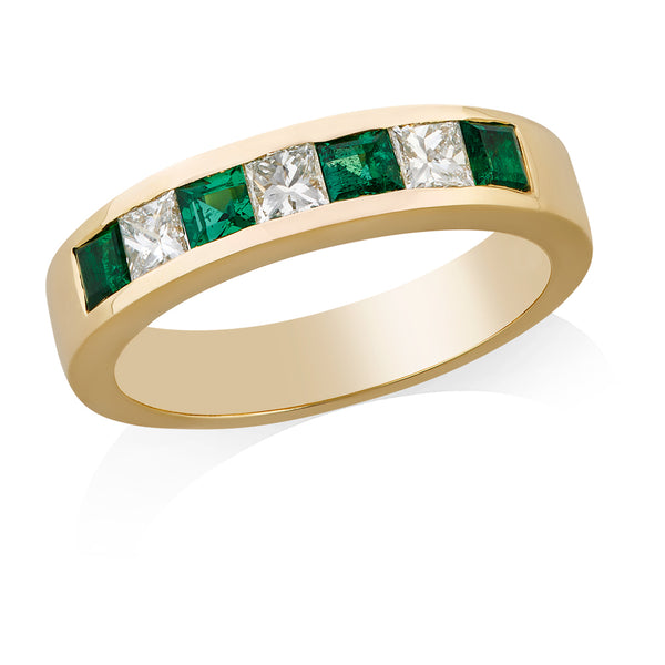 18ct Yellow Gold Channel Set Princess Cut Emerald and Emerald Cut Diamond Half Eternity Ring