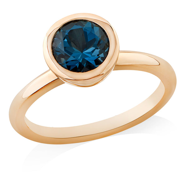 18ct Rose Gold Rub Set Round Cut London Blue Topaz Solitaire Ring