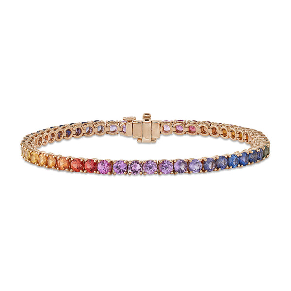18ct Rose Gold Four Claw Set Round Cut Rainbow Sapphire Line Bracelet