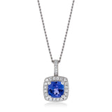 18ct White Gold Cushion Cut Tanzanite and Diamond Halo Cluster Pendant and Chain
