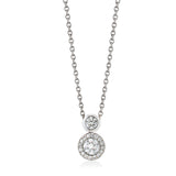 18ct White Gold Rub Set Round Brilliant Cut Diamond and Round Brilliant Cut and Diamond Halo Cluster Pendant and Chain