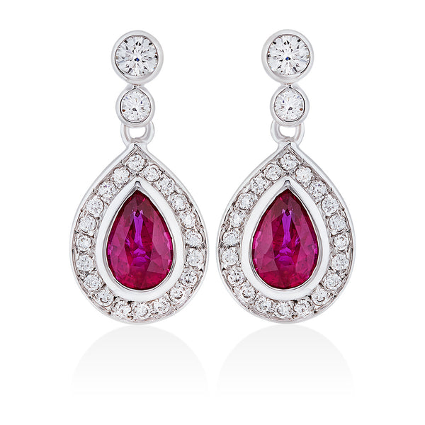 18ct White Gold Rub Set Pear Shaped Ruby and Round Brilliant Cut Diamond Cluster Drop Earrings