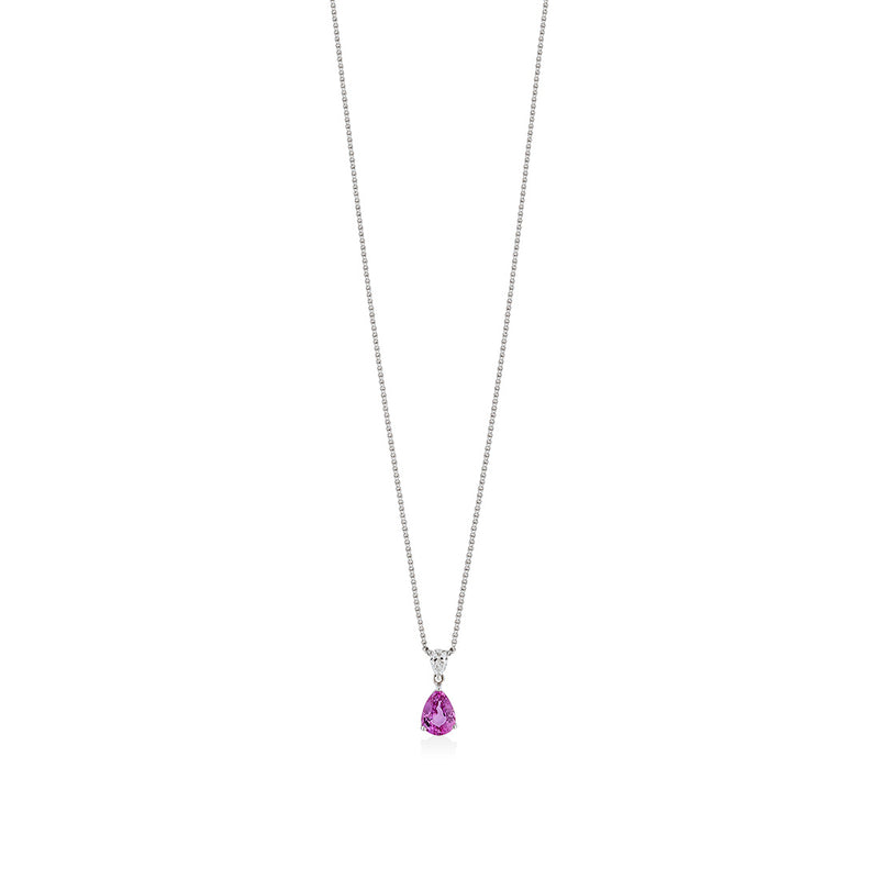 18ct White Gold Pear Shaped Pink Sapphire and Pear Cut Diamond Drop Pendant and Chain