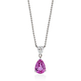 18ct White Gold Pear Shaped Pink Sapphire and Pear Cut Diamond Drop Pendant and Chain