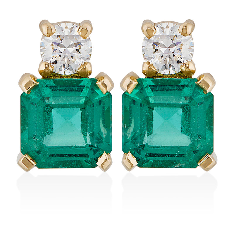 18ct Yellow Gold Four Claw Set Square Cut Emerald and Round Brilliant Cut Diamond Stud Earrings