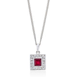 Platinum Rub Set Step Cut Unheated Ruby and French Cut Diamond Cluster Pendant and Chain