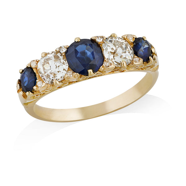 Antique Victorian Yellow Gold Five Stone Cushion Cut Sapphire and Old Cut Diamond Carved Ring