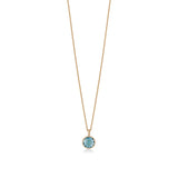 18ct Rose Gold Rub Set Cabochon Cut Blue Topaz and Round Brilliant Cut Diamond Halo Cluster Pendant and Chain