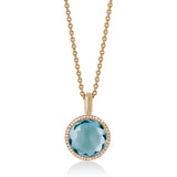 18ct Rose Gold Rub Set Cabochon Cut Blue Topaz and Round Brilliant Cut Diamond Halo Cluster Pendant and Chain