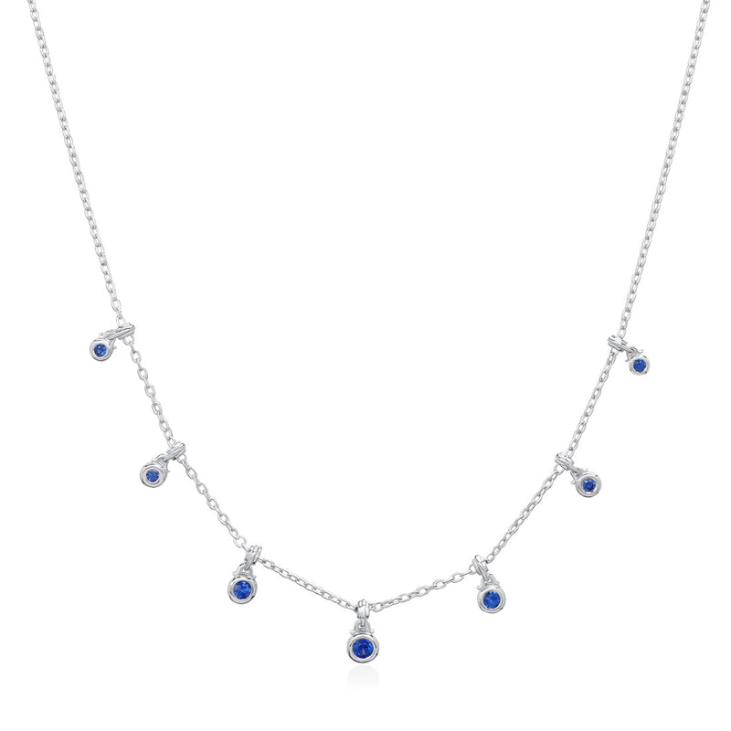 18ct White Gold Rub Set Round Cut Sapphire Trace Link Necklace